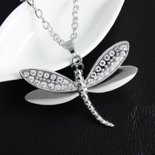 Rhinestone Silver Dragonfly Pendant Necklace