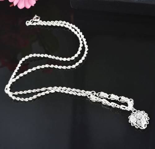 Gorgeous 925 Sterling Silver Filled Hollow Peach Heart Pendant Link Chain Necklace