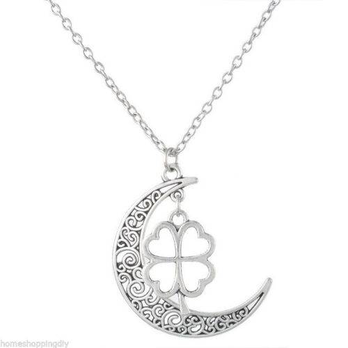 925 Sterling Silver  Filled Moon And Clover Pendant Necklace