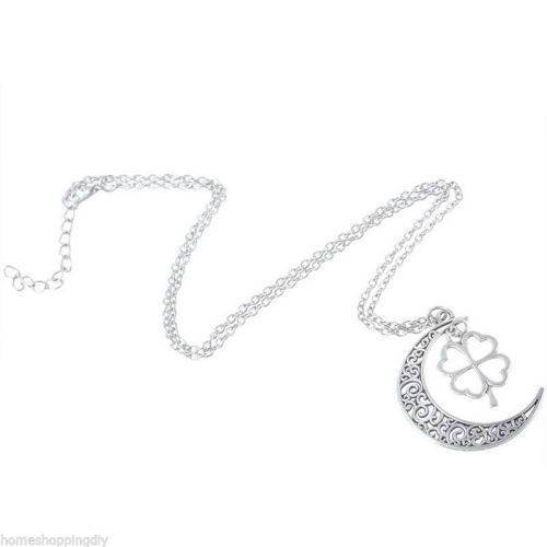 925 Sterling Silver  Filled Moon And Clover Pendant Necklace