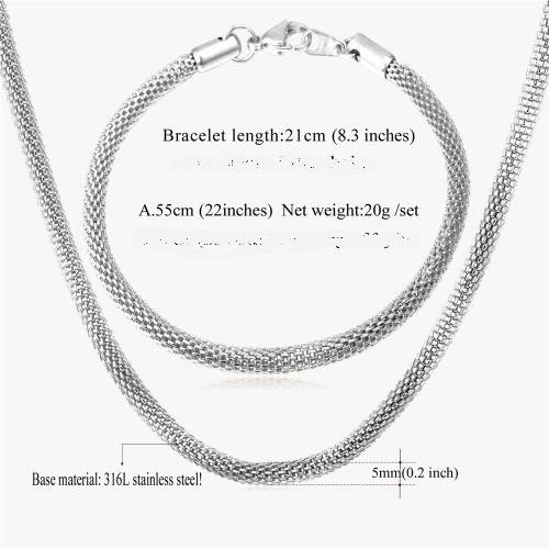 316L Stainless Steel Popcorn Necklace & Bracelet Set 55cm