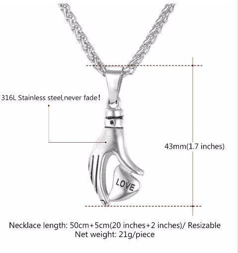 SOLID 316L Stainless Steel Hand/Heart Pendant  Necklace (Including Chin)