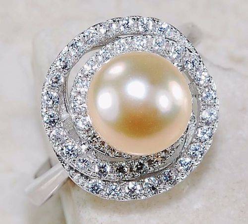 ROSE PEARL, WHITE TOPAZ, GENUINE 925 SOLID STERLING SILVER RING SIZE 7.
