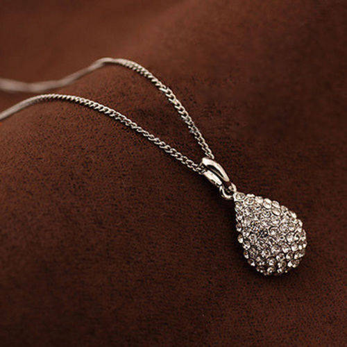 Silver Plated Crystal adarop Pendant Long Chain  Necklace