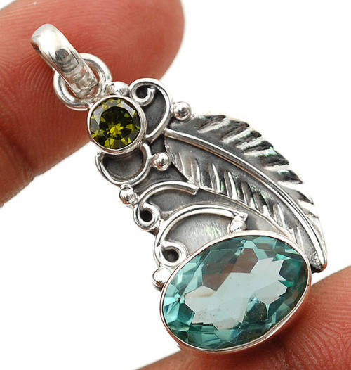 6CT Aquamarine, Peridot 925 Sterling Silver Pendant Necklace Including 54cm Chain