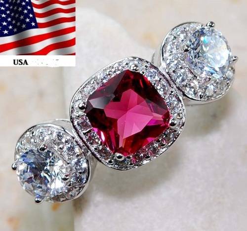 3CT Ruby & White Topaz 925 Solid Sterling Silver Ring  Sz 7