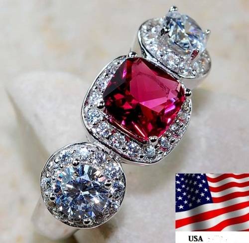 3CT Ruby & White Topaz 925 Solid Sterling Silver Ring  Sz 7