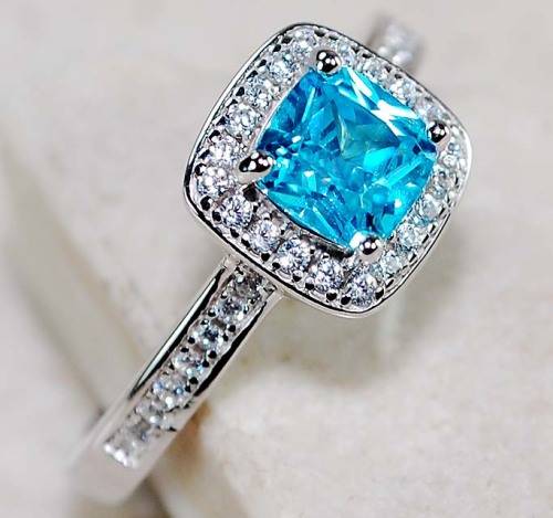 2CT Aquamarine & White Topaz 925 Solid Sterling Silver Ring  Sz 8