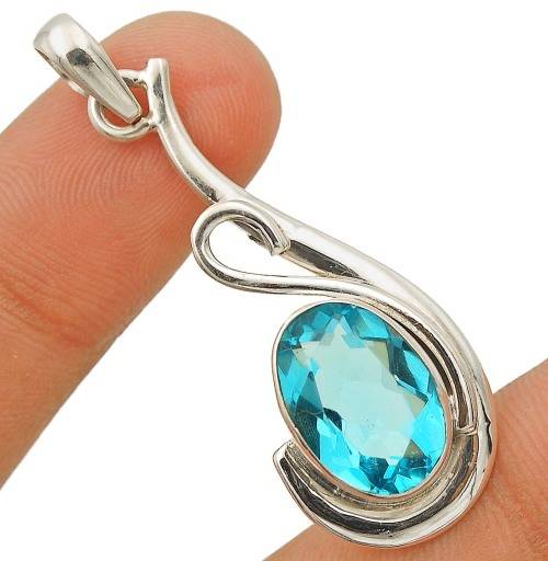 6CT Flawless Blue Topaz 925 Sterling Silver Pendant  1 3/4" Long