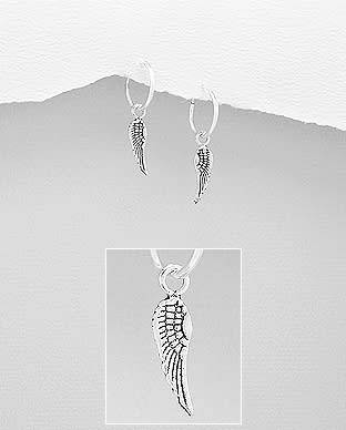 SOLID 925 Sterling Silver Wings Hoop Earrings