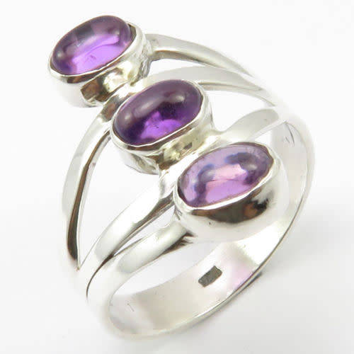Designer 3 Stone Solid 925 Sterling Silver  AMETHYST Ring Size 6