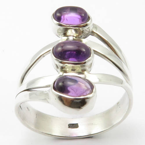 Designer 3 Stone Solid 925 Sterling Silver  AMETHYST Ring Size 6