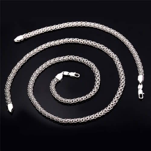 18K STAMPED Platinum Plated UNISEX Trendy Round Chain Necklace & Bracelet set (Free Gift Box)