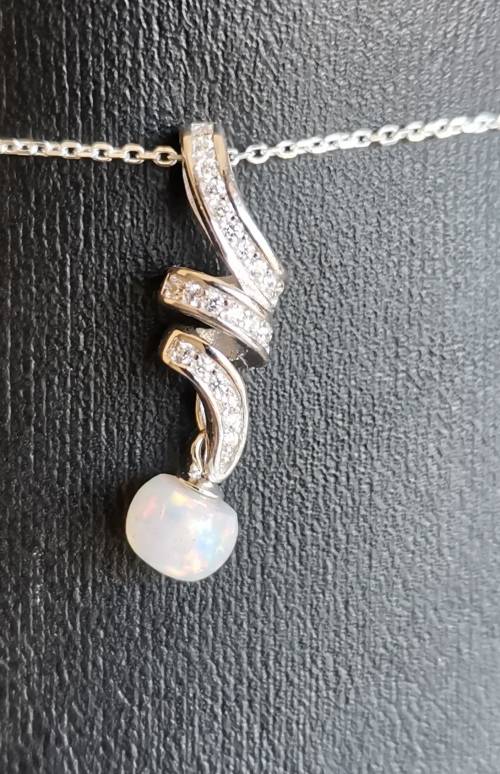 SOLID 925 Sterling Silver Opal Gemstone Swirl Pendant Necklace Plus 55cm Chain