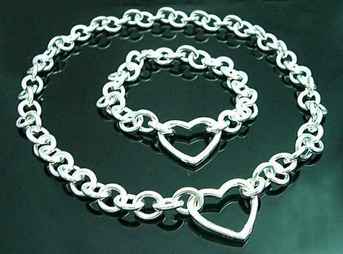LOVELY 925 STERLING SILVER CHUNKY OPEN HEART NECKLACE & BRACELET SET