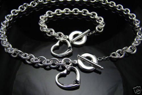 Adorable Hollow Heart Toggle 925 Sterling Silver Necklace & Bracelet Set
