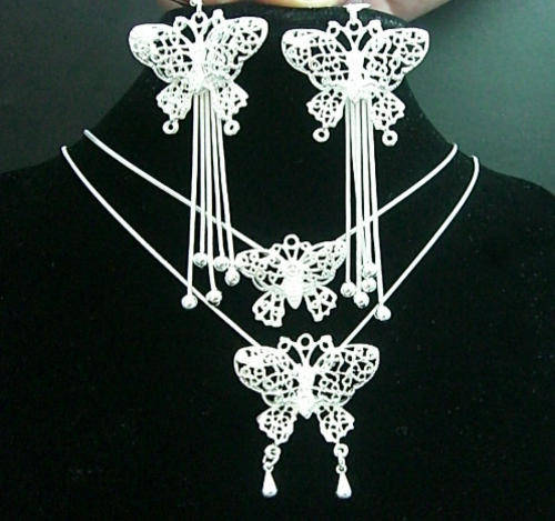 BEAUTIFUL 925 SILVER DOUBLE BUTTERFLY NECKLACE & EARRINGS SET