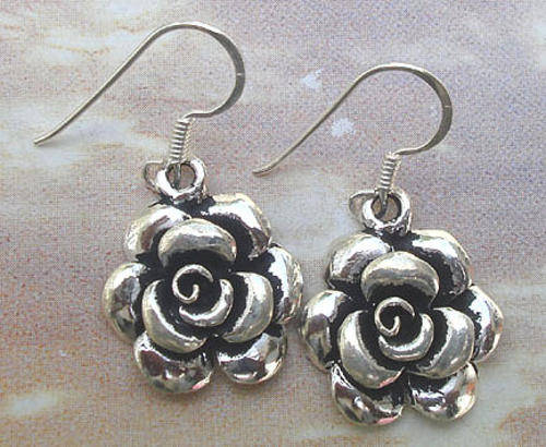 BEAUTIFUL ROSE DANGLE EARRINGS IN SOLID 925 STERLING SILVER