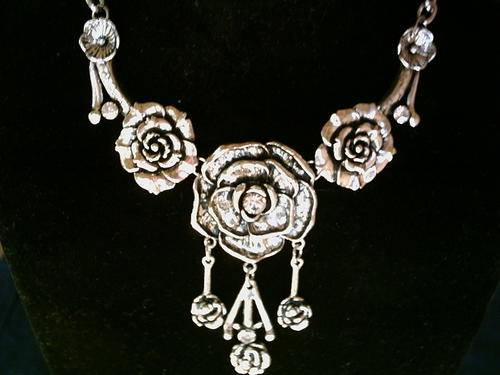 GORGEOUS TIBETAN SILVER ROSES WITH CZ NECKLACE