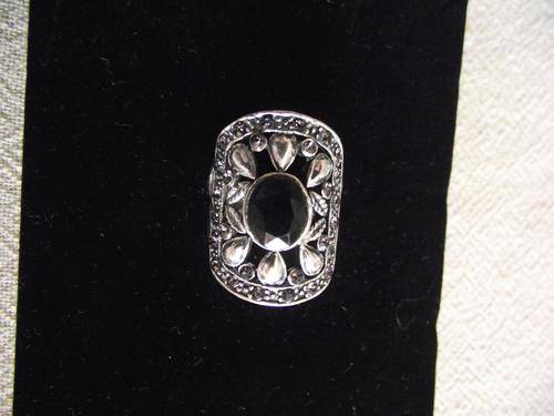 STUNNING TIBETAN SILVER FEAUX ONYX & MARCASITE  RING #7.5