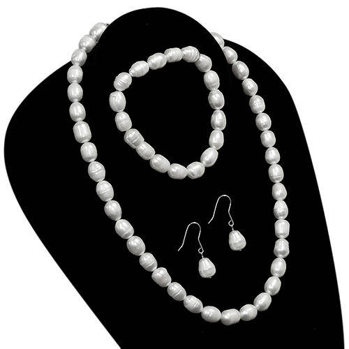 Freshwater White/Cream Pearl Necklace Bracelet & Earrings Set 8-9mm