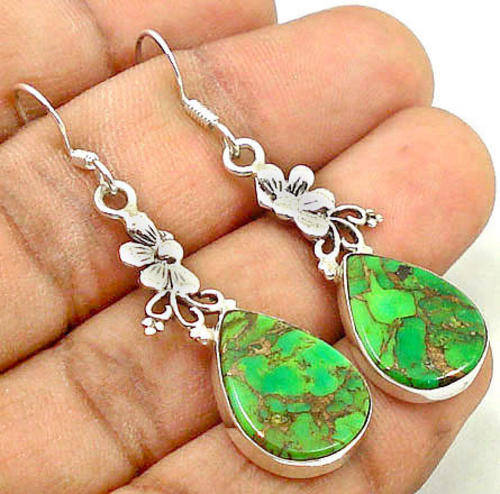 GREEN COPPER TURQUOISE SOLID 925 SILVER EARRINGS