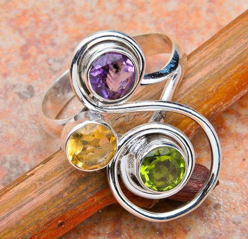 MULTI-GEMSTONE, PERIDOT, AMETHYST, CITRINE .925 STERLING SILVER RING SIZE 8.5