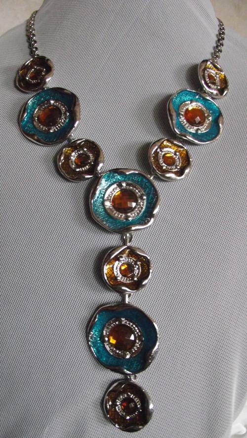 ***LAST ONE***Stunning Silver Blue & Amber Enameled Dangle Necklace