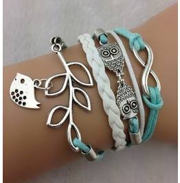 Infinity Turquoise Leather Owl and Leaf with Bird Bracelet