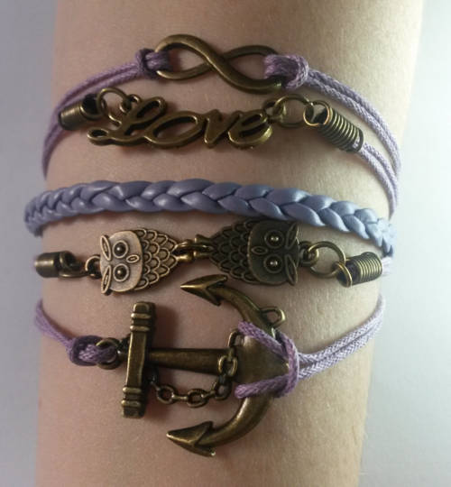 Infinity Purple Leather Owls Love Anchor Bracelet