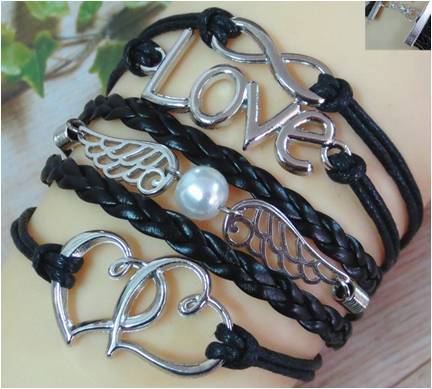 Infinity Black Leather Love Wings Bracelet