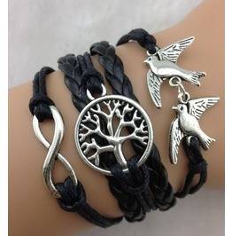 Infinity Black Leather Tree of life Birds Bracelet