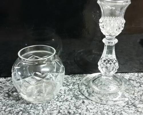 Crystal candle holder and sugar pot