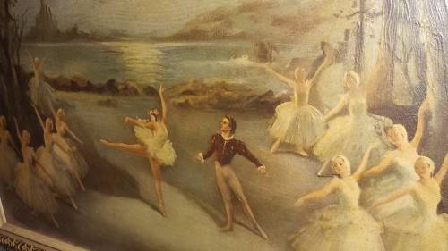 Painting of ballerina dancing in front of a lake