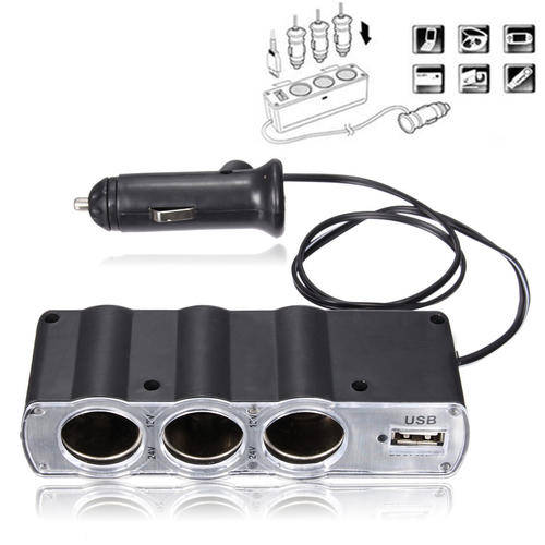 3 Way Triple Car Lighter Socket Splitter Adapter takes DC12V / 24V + USB Charger