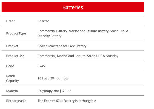 105ah Enertec Battery 674S Commercial Battery, Marine and Leisure Battery, Solar, UPS & Standby