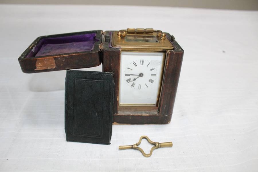 Brass Carriage Clock in travel box, with key and working