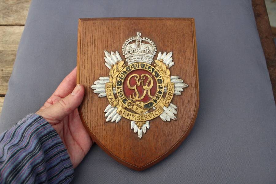 Royal Army Services Corps wooden plaque - detail below....
