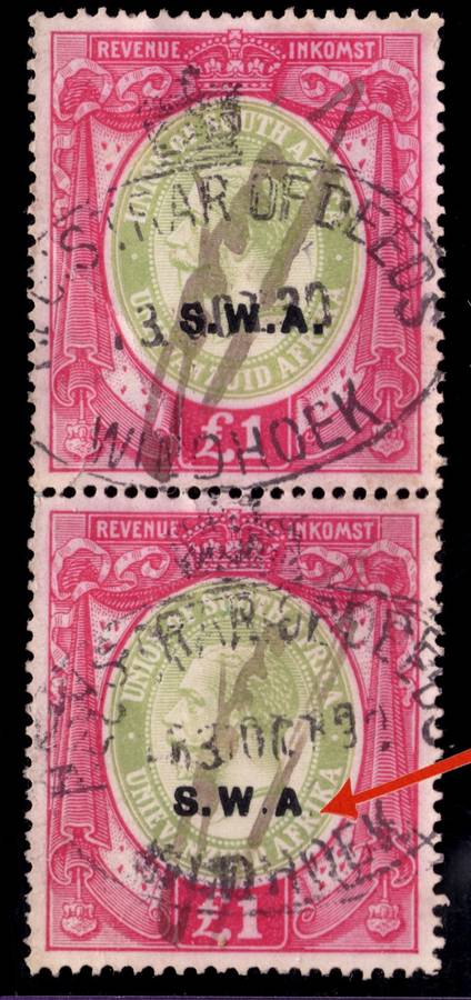 SWA: 1928 £1 KGV Revenue Used Vertical Pair with Variety PARTIAL MISSING STOP "." Interesting Item