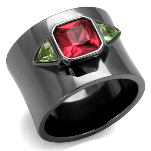BEAUTIFUL GUN METAL STAINLESS STEEL SIMULATED GARNET AND SIMULATED PERIDOT LADIES RING