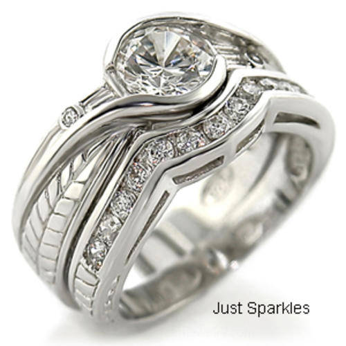 STUNNING  WHITE GOLD PLATED SIMULATED DIAMOND WEDDING RING SET
