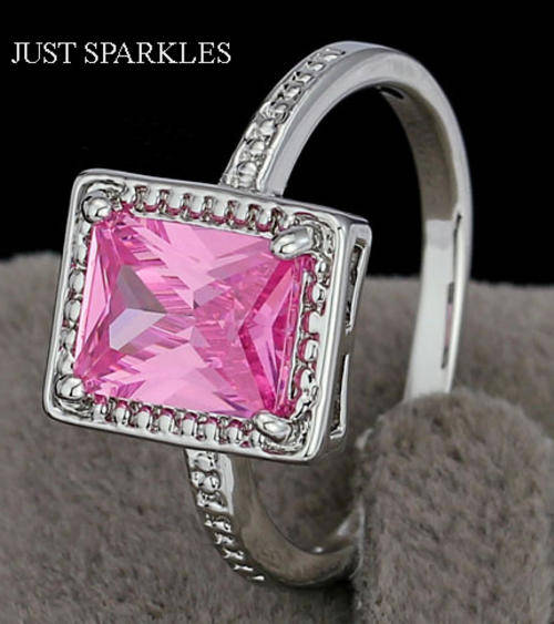 STUNNING WHITE GOLD PLATED SIMULATED PINK TOPAZ LADIES RING