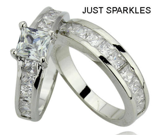 STUNNING WHITE GOLD PLATED SIMULATED DIAMOND WEDDING RING SET
