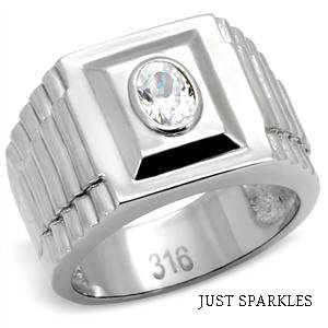 TRENDY MEN'S STAINLESS STEEL AND SIMULATED DIAMOND RING