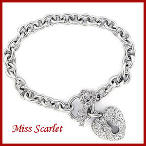 Rhodium Plated Heart and Key Simulated Diamond Bracelet