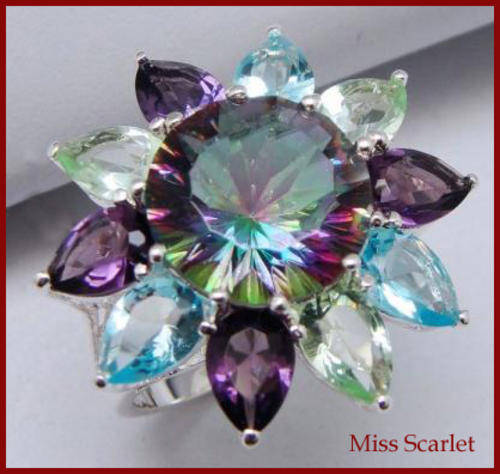 STERLING SILVER MYSTIC TOPAZ, AMETHYST, BLUE TOPAZ AND GREEN QUARTZ LADIES RING