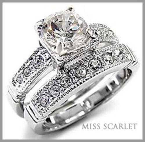 SIMULATED DIAMOND 18KT WHITE GOLD PLATED WEDDING RING SET