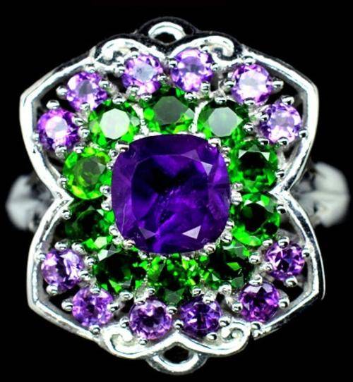 14k White gold Plated 925 Sterling Silver Amethyst and Chrome Diopside  Designer Ring