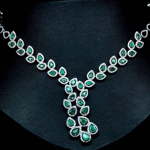 Luxury 14k White  gold Plated 925 Sterling Silver Emerald and Cz Necklace