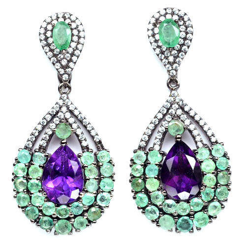 Luxury 14k White gold Plated 925 Sterling Silver, Amethyst, Emerald and CZ  Designer earrings